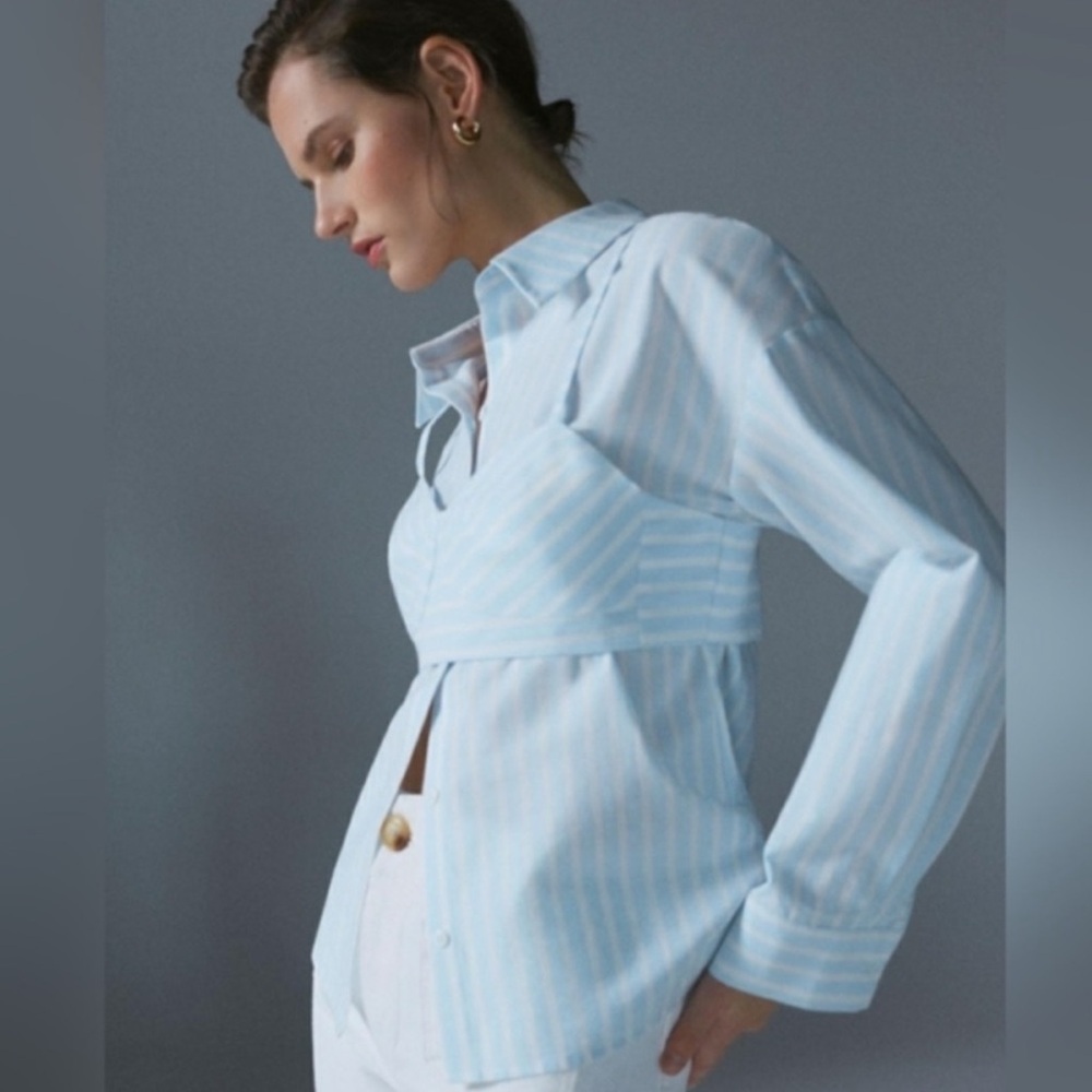 Anthropologie Sky‎ Blue Striped Button-Down Shirt & Bralette Preppy NWT Yacht